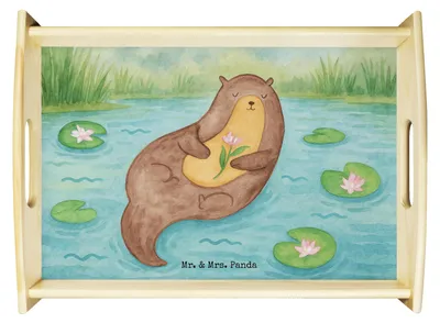 Produktbild von Mr. & Mrs. Panda Tablett Otter Seerose Design - Weiß - Geschenk, Fluss, Seeotter, Sofa, essenstablett, Wasser, Servier, holz, glücklich, sofatablett