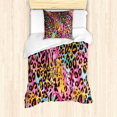 Zdjęcie produktu dla ABAKUHAUS Zestaw pościeli z nadrukiem lamparta, plamisty egzotyczny wzór skóry pantery, kolorowy styl kamuflażu, motyw safari, 135 x 200 cm + 80 x 80 cm, wielokolorowy