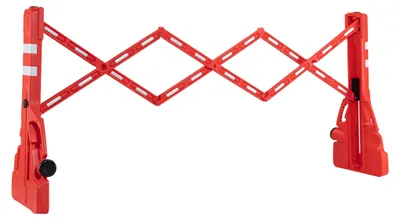 Productafbeelding van Wiltec uitschuifbaar afzethek van 200 cm, gemaakt van kunststof, met een scharnierhek en reflecterende band. Geschikt als afzetting op bouwplaatsen, kan worden gevuld en is opvouwbaar. Afzetting voor verkeer