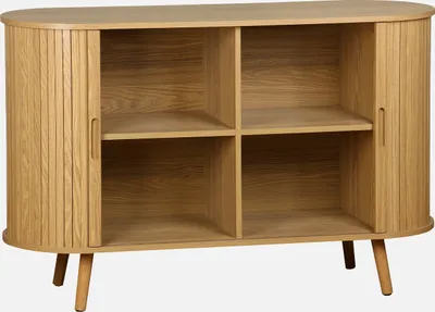 A wooden sideboard with two sliding doors and four open shelves, displayed on a plain white background.