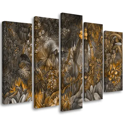 Produktbild von 5-teiliges leinwandbild tiefer dschungel 200x100 cm Feeby braun wandbild bereit zum aufhängen