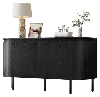 Productafbeelding van Dressoir 145 cm, zwart, met deur met verticale strepen en 8 opbergvakken