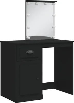 A black vanity table with a mirror and lights.
