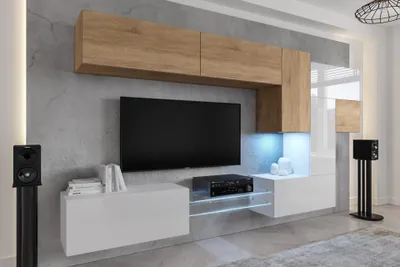 Produktbild von Furnitech Wohnwand Wohnzimmer - Wohnzimmer Möbel mit LED RGB - 16 Farben - Hängend Wohnwand Modern - Regale und TV Schrank (AN92NEW-21SW-HGM26)