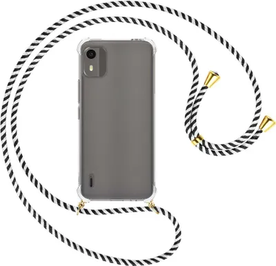 Produktbild von Handykette Backcover-Schutzhülle mit Band (Metall goldfarben) für Nokia C12, Nokia C12 Pro (6.3'') - schwarz/weiß gestreift