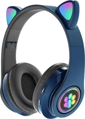 A pair of blue wireless headphones with cat ears and colorful LED lights.