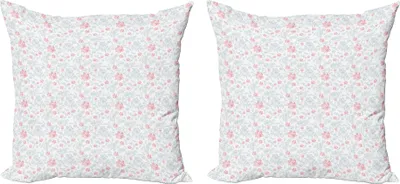 Immagine prodotto di ABAKUHAUS set copricuscino floreale rosa (2 pezzi), Design pastello Creativo di delicati petali e foglie, 40 x 40 cm, Rosa secca Blu grigio