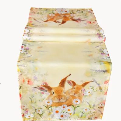 Produktbild von Tischband Polyester Hase auf Frühlingswiese 40x140cm