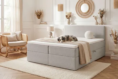 Produktbild von TRADA Boxspringbett Quelle 200x200 Boucle Stoff mit Matratze H3 und Topper Grau