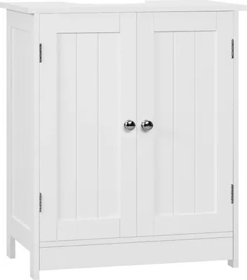 A white bathroom cabinet with two doors and two silver handles.