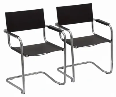 Produktbild von k-hometrends KADA Freischwinger Stühle 2er Set mit Armlehnen – Esszimmerstühle aus recyceltem Leder & verchromtem Stahlrohr – Designstühle Schwarz/Chrom