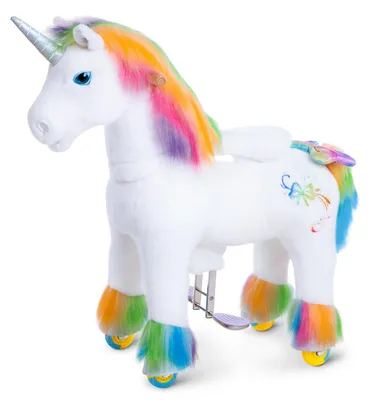 Produktbild von PonyCycle Premium Modell X Regenbogen-Einhorn Reitspielzeug – Premium-Plüsch-Pony mit Bremse, 89 cm Höhe, Größe 4 (4-7 Jahre), max. 40 kg, Sitzhöhe 59 cm