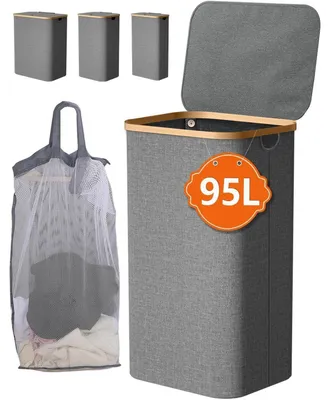 Produktbild von Wäschekorb mit Deckel 95L, faltbar, mit Innentasche, dunkelgrau