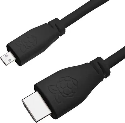 A close-up shot of a black Raspberry Pi Micro HDMI cable against a white background.