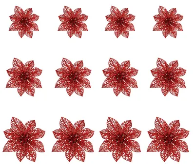 12 rote Glitzer-Weihnachtsblumen, 3 Größen, 8–15 cm, für Baum & Kranz