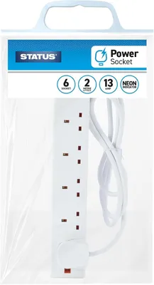 Produktbild von Verlängerungskabel mit 6 Steckdosen, 2 Meter lang, mit Neonleuchte, 240 V, weiß