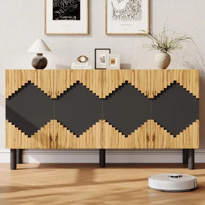Imagen del producto de Mueble aparador de 140 cm de ancho, con diseño de rombos, 2 puertas, en color madera y , fabricado en MDF y aglomerado, ideal para el salón, el comedor o el recibidor