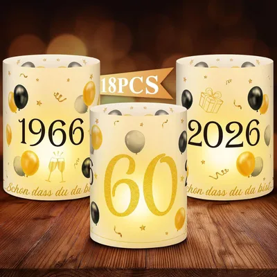 Produktbild von 18Pcs Windlichter Tischdeko 60. Geburtstag - Deko 60. Geburtstag Männer und Frauen - Schwarz Gold Happy Birthday Tischdeko für Teelichter oder Kerzen