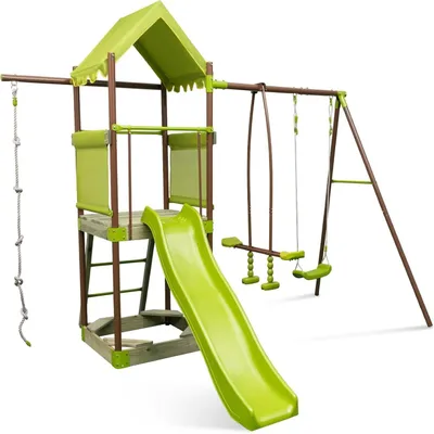 Image de Tour de jeux - Structure d'escalade d'extérieur - Balançoire - Toboggan - Corde à grimper - Échelle - Bac à sable - Pour les enfants de 3 à 6 ans - Vert