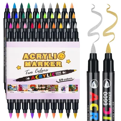 Produktbild von Acrylstifte für Steine Bemalen, 60 Farben Marker mit zwei Pinselspitzen, Permanent Acrylmarker für Keramik, Glas, Holz, Metall, Leinwand
