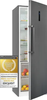 A refrigerator with its door open, showing shelves and food items inside. A badge is visible on the left side.
