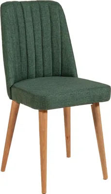 A green upholstered chair with wooden legs against a white background.