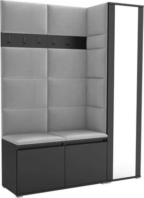 Obrázek produktu pro Šatní sestava Noris VII se zrcadlem, čalouněná šatní skříň 145 cm, předsíňový nábytek s nástěnnými panely, botníky a úložným prostorem (barva: černá + Trinity 32)