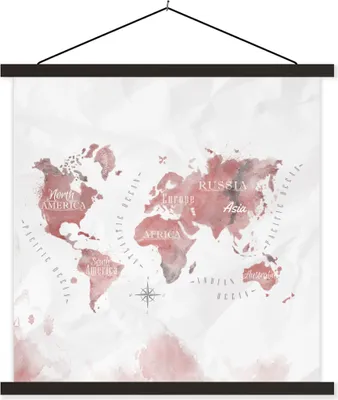 Produktbild von MuchoWow® Textilposter Weltkarte - Aquarell - Rot 90x90 cm mit schwarzem Rahmen - Magnetisches