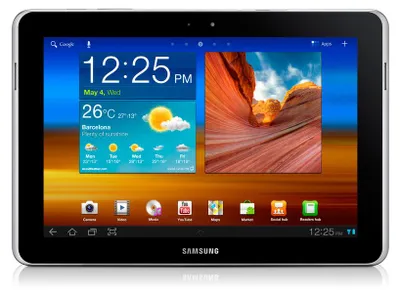 Produktbild von Samsung Galaxy TabGT-P7501 25,7 cm (10,1 Zoll) 64 GB Tablet-PC - 3G - NVIDIA Tegra 2 1 GHz Prozessor - Schwarz - Android 3.2 Honeycomb - 1 GB RAM - Multi-Touch 1280 x 800 Display - Bluetooth - UMTS, HSDPA, HSUPA, GPRS, EDGE, HSPA+ - Slate
