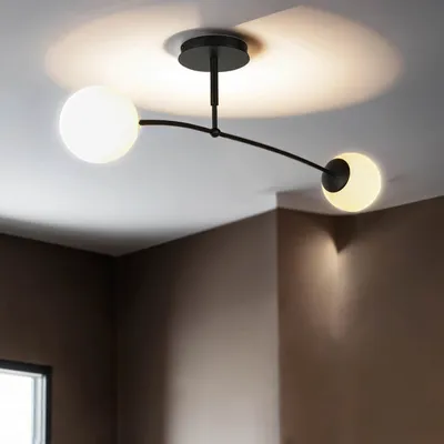 Produktbild von Deckenlampe Schwarz Weiß 92 cm lang Kugel Schirm Glas Metall 2x E14 Deckenleuchte Esszimmer Wohnzimmer