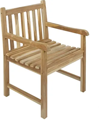 A wooden garden chair with armrests, shown from a three-quarter angle against a white background.