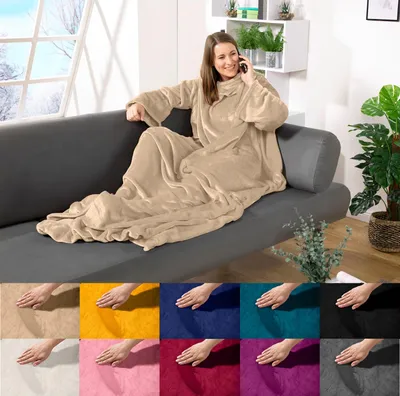 Produktbild von heimtexland ® Ärmeldecke TV Kuscheldecke mit Ärmeln Taschen Fußsack Super Soft Flanell tragbare Decke Ganzkörperdecke Typ870 Sand 180x150 cm
