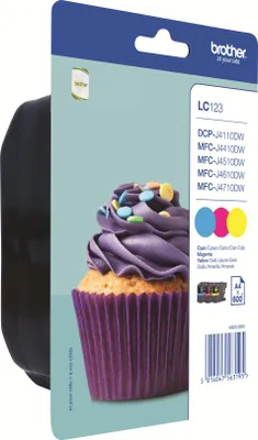 Produktbild von Brother LC123 RainbowPack - 3er-Pack - Hohe Ergiebigkeit - Gelb, Cyan, Magenta - original - Blister mit akustischem/elektromagnetischem Alarm - Tintenpatrone - für Brother DCP-J132, J152, J172, J552, J752, MFC-J245, J470, J650, J6520, J6720, J6920, J870