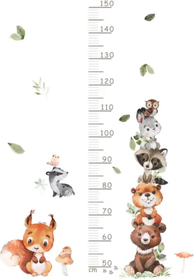 Imagen del producto de Calcomanía para pared con motivos de animales del bosque, regla de 150 cm, decoración para habitación infantil