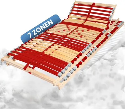 A wooden bed slatted base with red straps, shown on a white and gray background that resembles clouds.