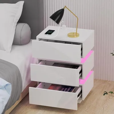 Imagen del producto de Mesa de noche de alto brillo con toma de corriente, mesitas de noche con iluminación LED y función de carga, mesita de noche con 3 cajones, mesita auxiliar para salón o dormitorio (mesita blanca de 45x35x62 cm)