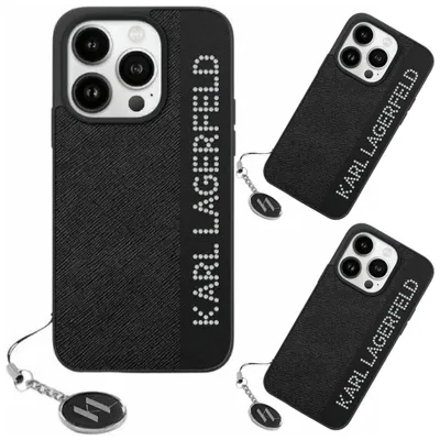 Produktbild von Karl Lagerfeld, Saffiano-Hülle mit Strassanhänger für iPhone 15 Pro Max, Schwarz