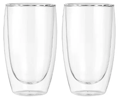 Image de 2 tasses en verre à double paroi, transparentes, en verre borosilicaté résistant aux hautes températures, d'une capacité de 450 ml, idéales pour le café, le latte, le cappuccino et le thé