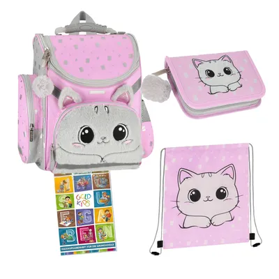Produktbild von Goldkids - Schulranzen für Jungen und Mädchen, 4er-Set - Schul-Rucksack für Kinder mit Federmäppchen - Schuhbeutel und Hausaufgabenheft - Katze Motiv