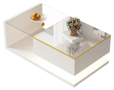 Image de Table basse blanche laquée, 90 cm, avec plateau en verre et effet LED, design moderne