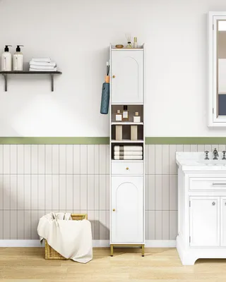 Image de Armoire de salle de bain haute - Armoire de salle de bain avec 2 portes et 1 tiroir - En MDF - Blanche