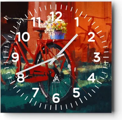 Produktbild von Wanduhr - Quadrat - Glasuhr - Fahrrad Blumen - 30x30cm - Schleichendes Uhrwerk - Lautlos - zum Aufhängen bereit - Dekoration Modern - Wanddekoration aus Glas - C4AC30x30-3712