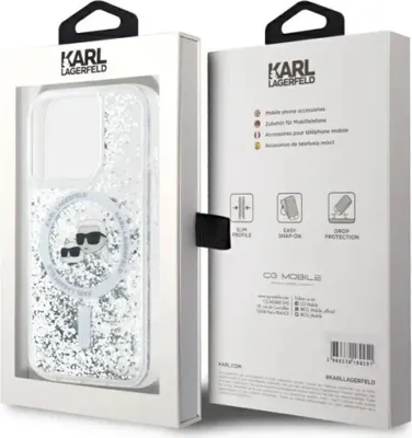 Productafbeelding van Karl Lagerfeld KLHMP15XLGKCSGH iPhone 15 Pro Max 6.7 inch, transparante hardcase met vloeibare glitter, afbeelding van Karl & Choupette, met MagSafe-magneten