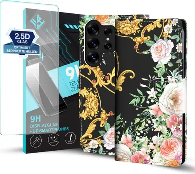 Produktbild von Handy Hülle für Samsung Galaxy S25 Ultra mit 9H Displayglas Klapphülle Bookcase Flip Cover Handy Tasche Etui Motiv: Rosen Ornamente Blumen
