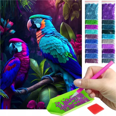 Produktbild von ARTULIO Diamond Painting Set - Bunte Papageien im Tropenwaldmotiv - 30 x 40 cm - 5D Crystal Art, Bilder DIY