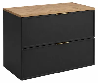 Produktbild von Badezimmerschrank hängend 80 mit Schubladen, Korpus in Dunkelgrau + Platte in Eiche Craft, mit Griffen, 80 x 46 x 58,6 cm, KI-generiertes Bild