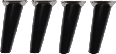 Four black furniture legs with silver mounting plates are arranged in a row against a white background.