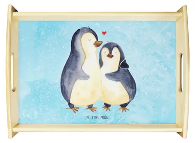 Produktbild von Mr. & Mrs. Panda Servier Tablett Pinguin umarmen - Eisblau - Geschenk, Verknallt, aus holz, Umarmung Verliebt, Hochzeit, Serviertablett, betttablett, Deko, glücklich