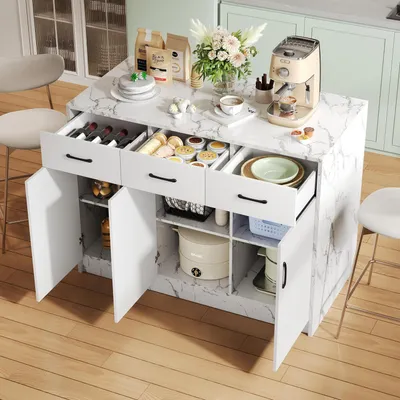 Image de Îlot de cuisine de 120x60x90,5 cm, blanc, imitation marbre, avec 3 tiroirs, 3 portes et espace bar