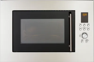 A built-in microwave oven with a digital display and control panel.
